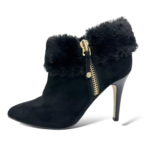 Marc Fisher Black Faux Fur Trimmed Suede Pointed Toe Stiletto Booties Shoeties 7 - Picture 1 of 11